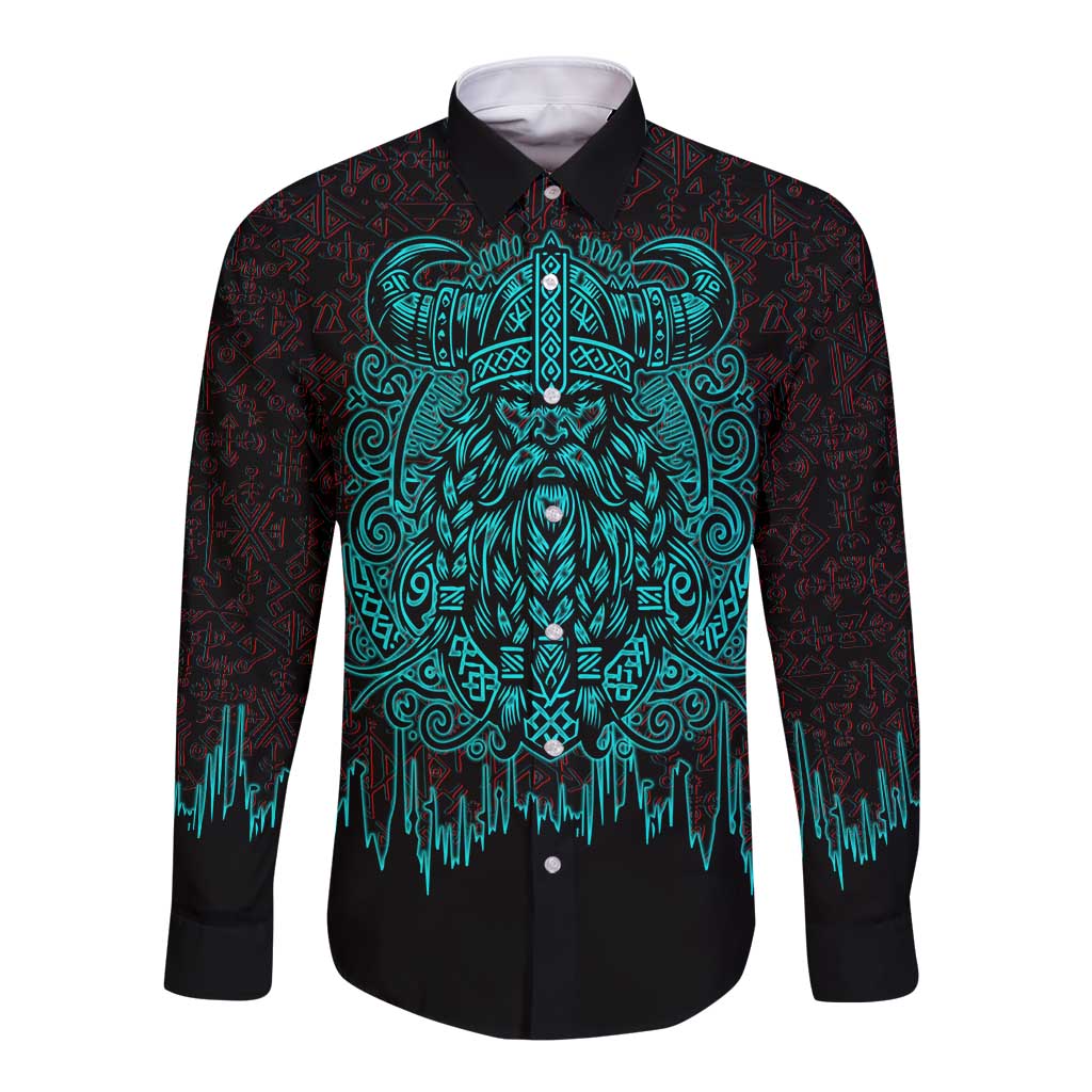 Viking Warrior Helm Long Sleeve Button Shirt Neon Tribal Linework and Runic Pattern Art