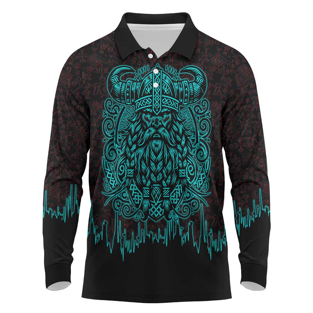 Viking Warrior Helm Long Sleeve Polo Shirt Neon Tribal Linework and Runic Pattern Art