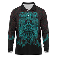Viking Warrior Helm Long Sleeve Polo Shirt Neon Tribal Linework and Runic Pattern Art