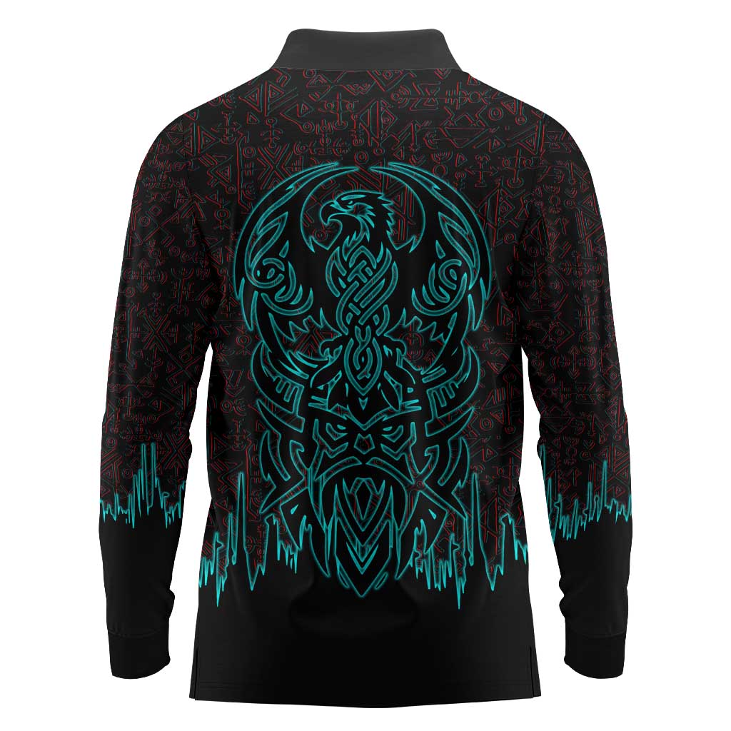 Viking Warrior Helm Long Sleeve Polo Shirt Neon Tribal Linework and Runic Pattern Art