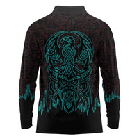 Viking Warrior Helm Long Sleeve Polo Shirt Neon Tribal Linework and Runic Pattern Art