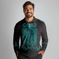 Viking Warrior Helm Long Sleeve Polo Shirt Neon Tribal Linework and Runic Pattern Art