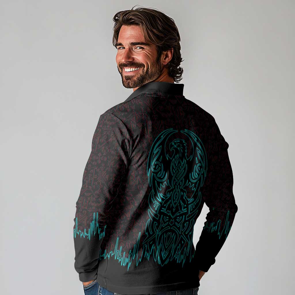 Viking Warrior Helm Long Sleeve Polo Shirt Neon Tribal Linework and Runic Pattern Art