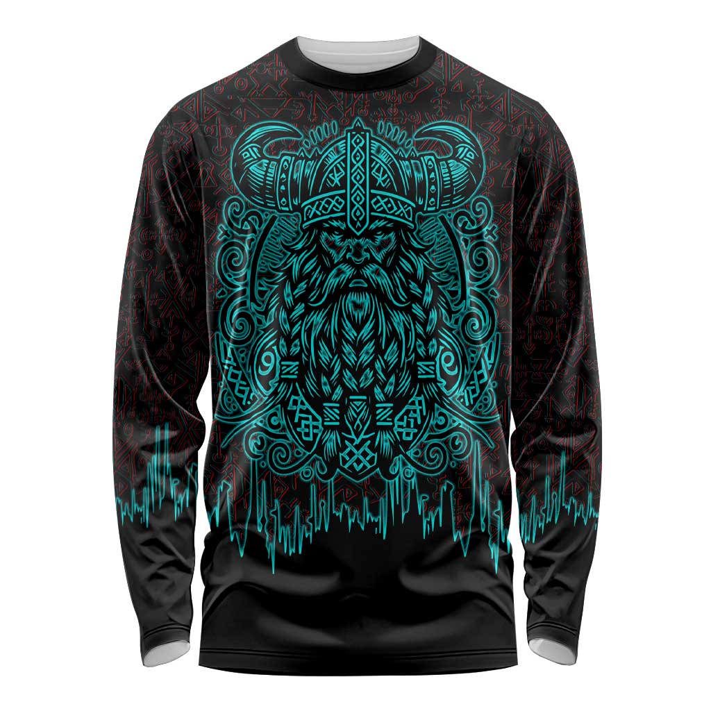 Viking Warrior Helm Long Sleeve Shirt Neon Tribal Linework and Runic Pattern Art