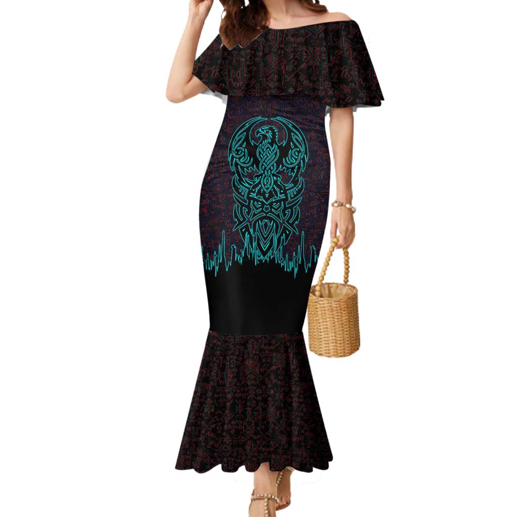 Viking Warrior Helm Mermaid Dress Neon Tribal Linework and Runic Pattern Art