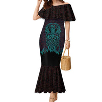 Viking Warrior Helm Mermaid Dress Neon Tribal Linework and Runic Pattern Art