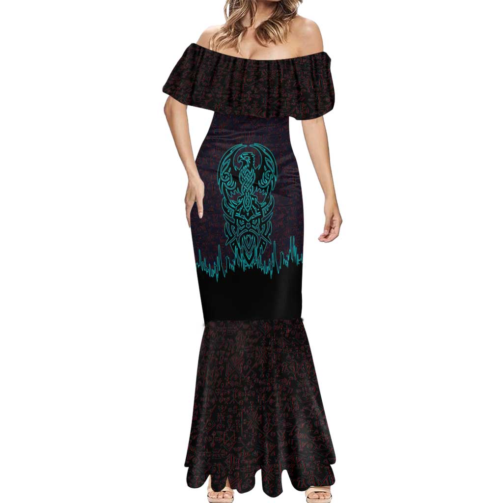 Viking Warrior Helm Mermaid Dress Neon Tribal Linework and Runic Pattern Art