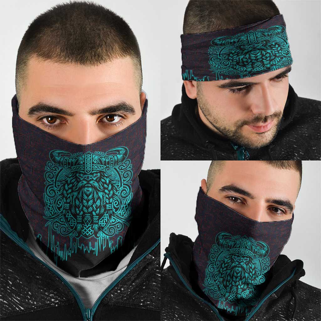 Viking Warrior Helm Neck Gaiter Neon Tribal Linework and Runic Pattern Art