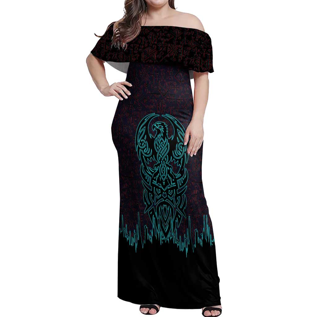 Viking Warrior Helm Off Shoulder Maxi Dress Neon Tribal Linework and Runic Pattern Art