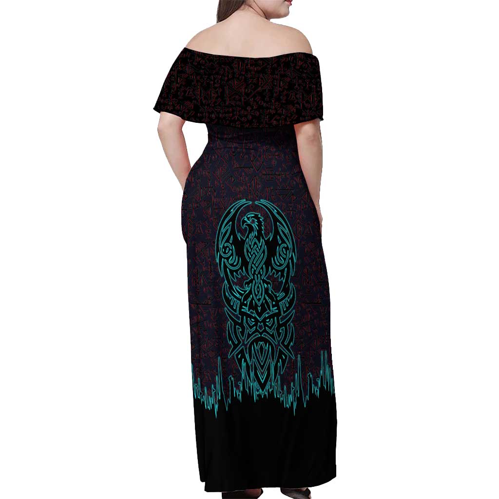 Viking Warrior Helm Off Shoulder Maxi Dress Neon Tribal Linework and Runic Pattern Art