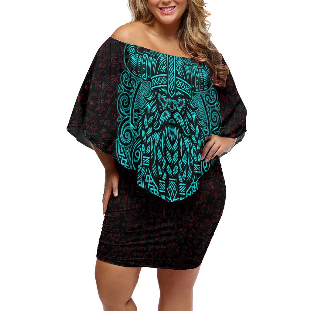 Viking Warrior Helm Off Shoulder Short Dress Neon Tribal Linework and Runic Pattern Art