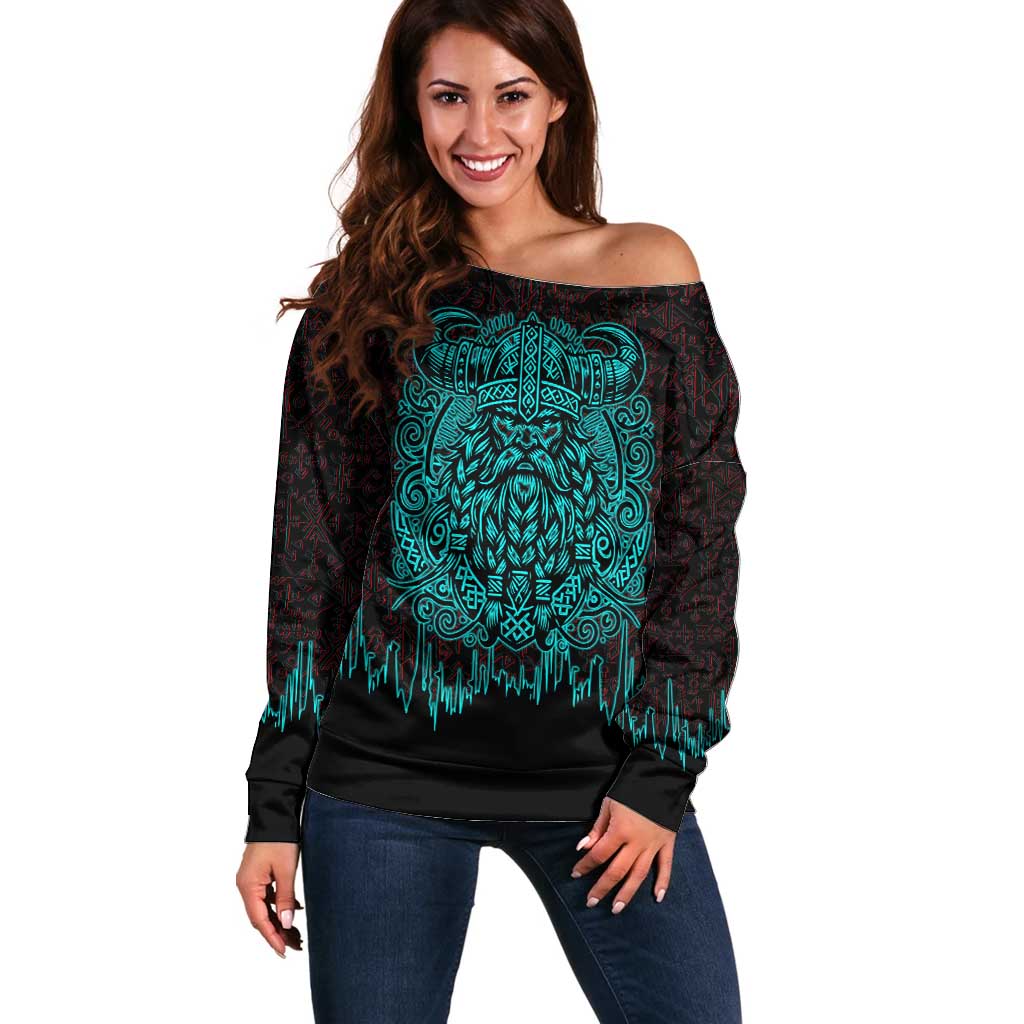 Viking Warrior Helm Off Shoulder Sweater Neon Tribal Linework and Runic Pattern Art