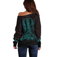 Viking Warrior Helm Off Shoulder Sweater Neon Tribal Linework and Runic Pattern Art