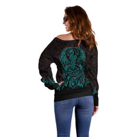 Viking Warrior Helm Off Shoulder Sweater Neon Tribal Linework and Runic Pattern Art