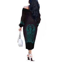 Viking Warrior Helm Off The Shoulder Long Sleeve Dress Neon Tribal Linework and Runic Pattern Art