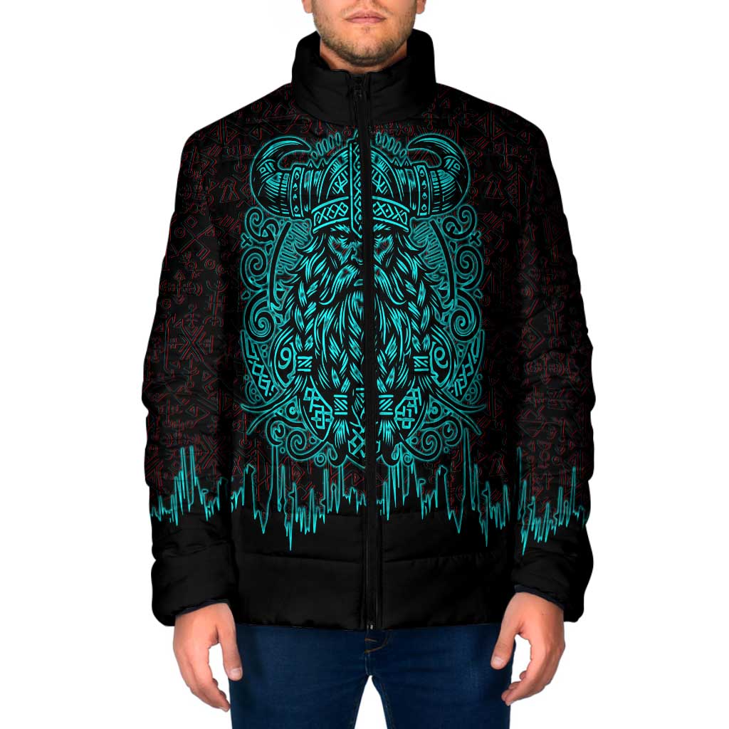 Viking Warrior Helm Padded Jacket Neon Tribal Linework and Runic Pattern Art