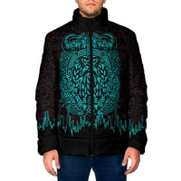 Viking Warrior Helm Padded Jacket Neon Tribal Linework and Runic Pattern Art