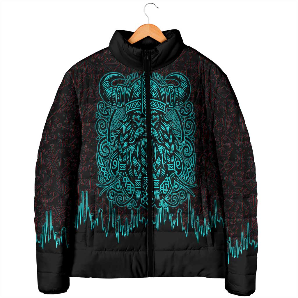 Viking Warrior Helm Padded Jacket Neon Tribal Linework and Runic Pattern Art