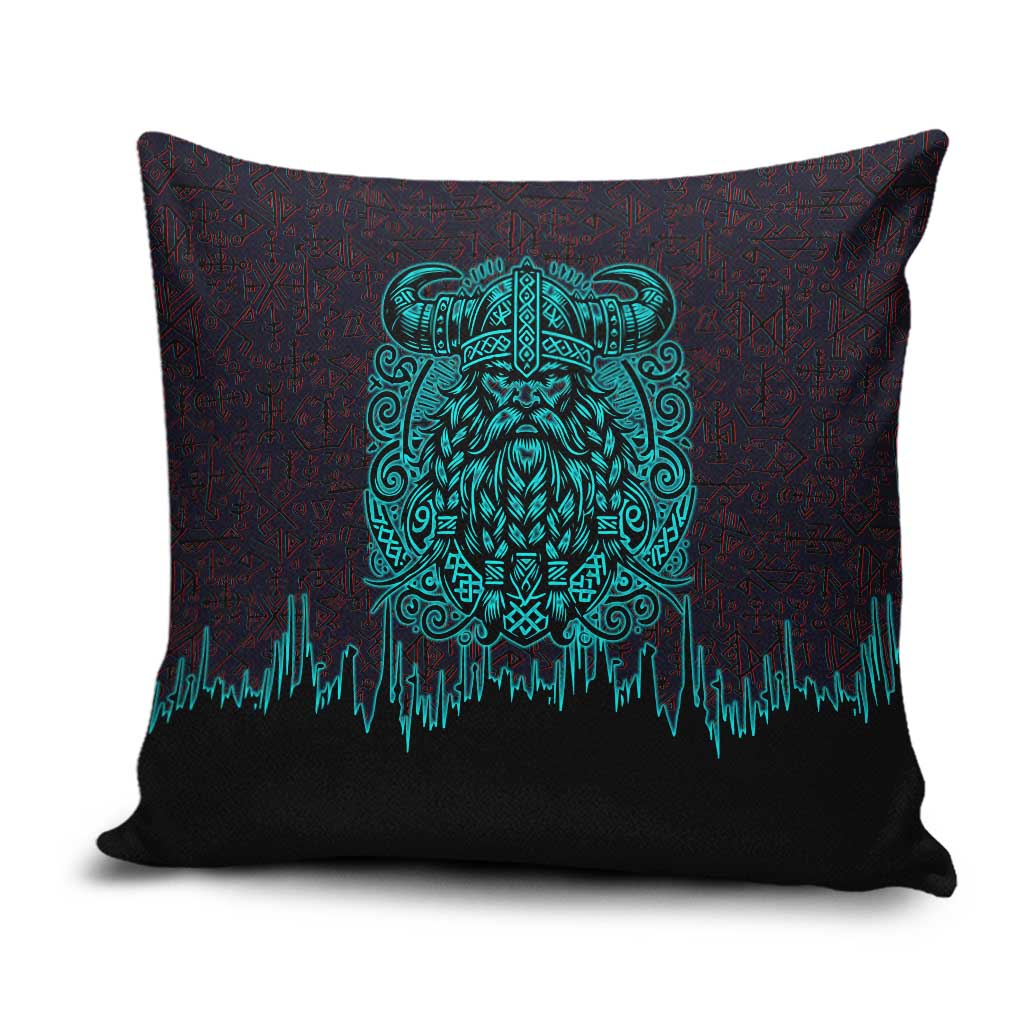 Viking Warrior Helm Pillow Cover Neon Tribal Linework and Runic Pattern Art