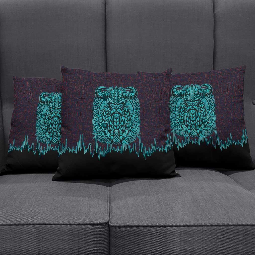 Viking Warrior Helm Pillow Cover Neon Tribal Linework and Runic Pattern Art