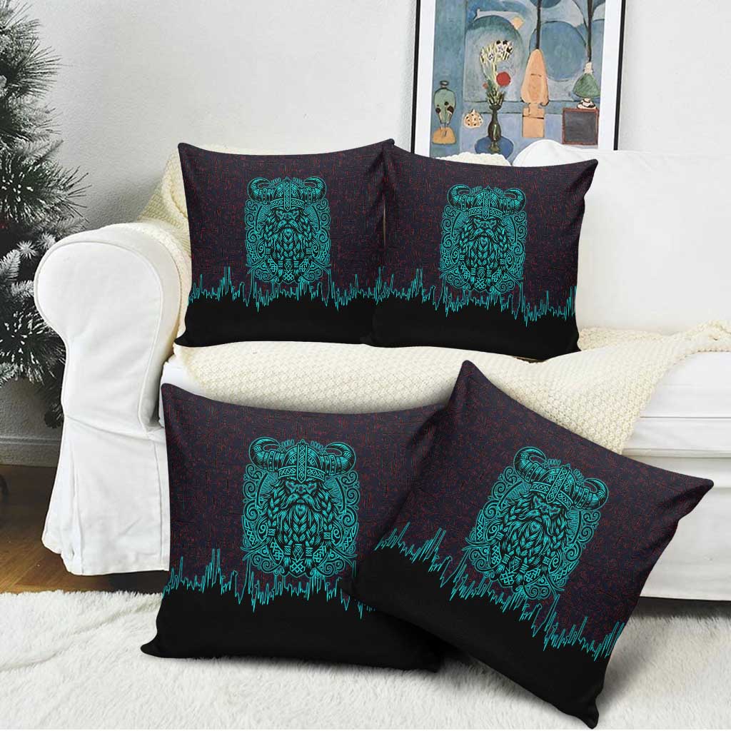 Viking Warrior Helm Pillow Cover Neon Tribal Linework and Runic Pattern Art