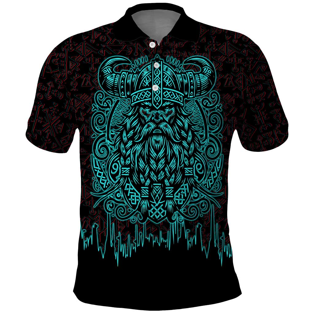Viking Warrior Helm Polo Shirt Neon Tribal Linework and Runic Pattern Art