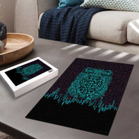 Viking Warrior Helm Puzzle Neon Tribal Linework and Runic Pattern Art