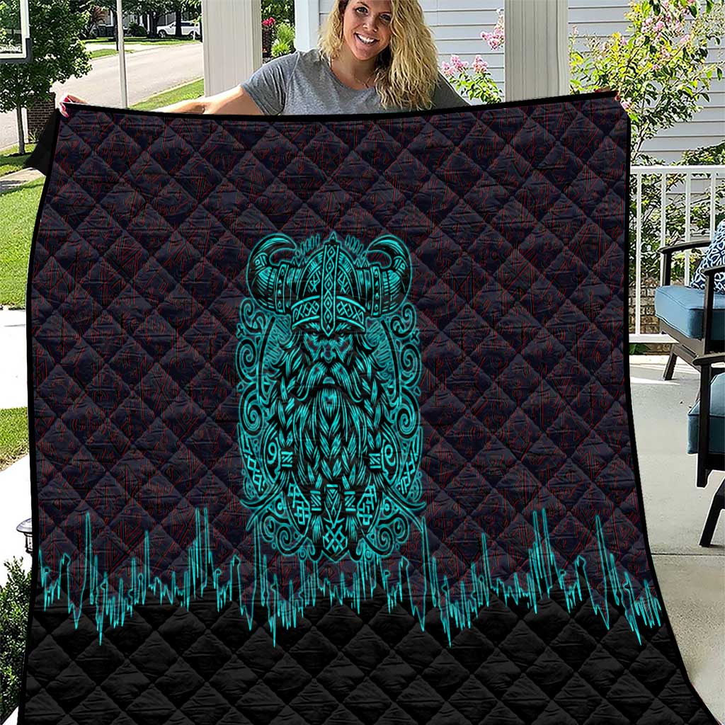 Viking Warrior Helm Quilt Neon Tribal Linework and Runic Pattern Art