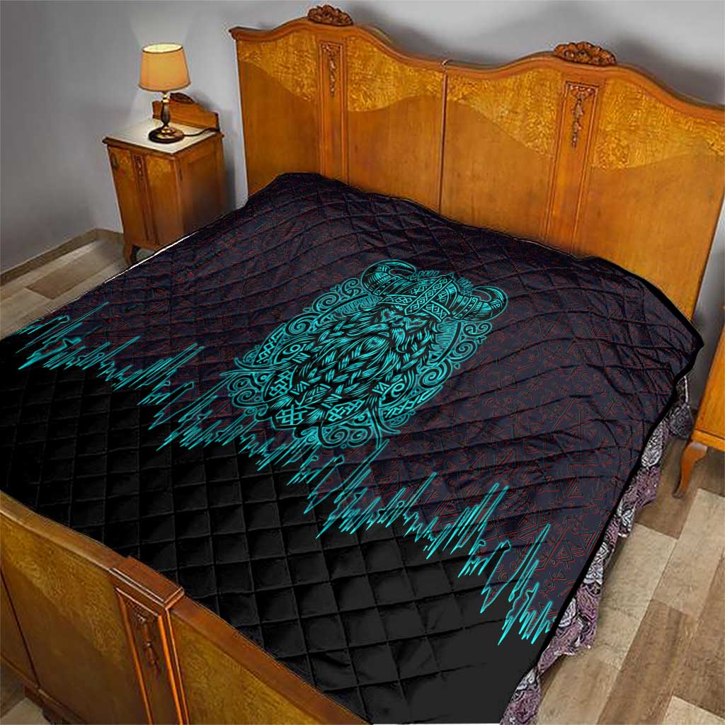 Viking Warrior Helm Quilt Neon Tribal Linework and Runic Pattern Art