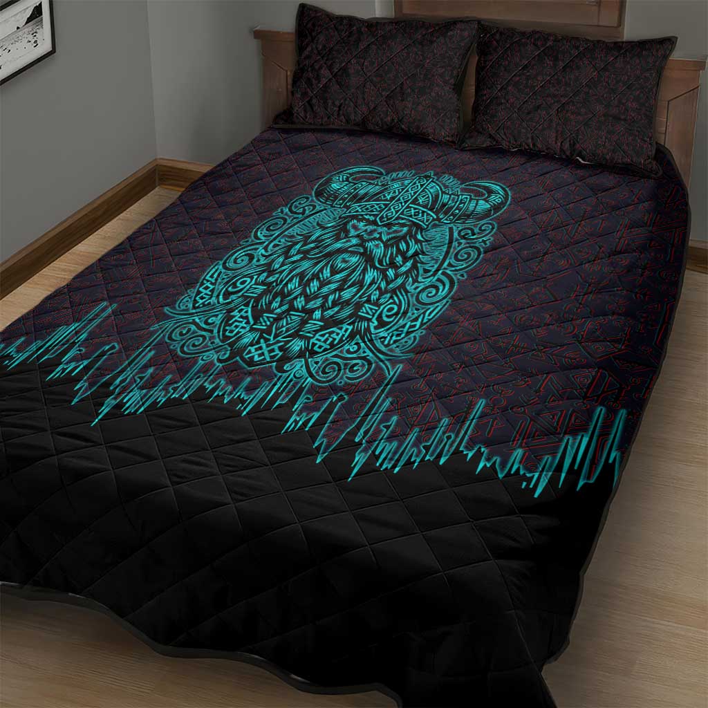 Viking Warrior Helm Quilt Bed Set Neon Tribal Linework and Runic Pattern Art