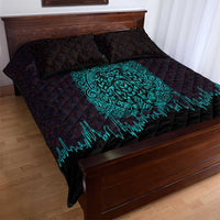 Viking Warrior Helm Quilt Bed Set Neon Tribal Linework and Runic Pattern Art