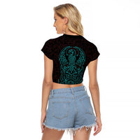 Viking Warrior Helm Raglan Cropped T Shirt Neon Tribal Linework and Runic Pattern Art