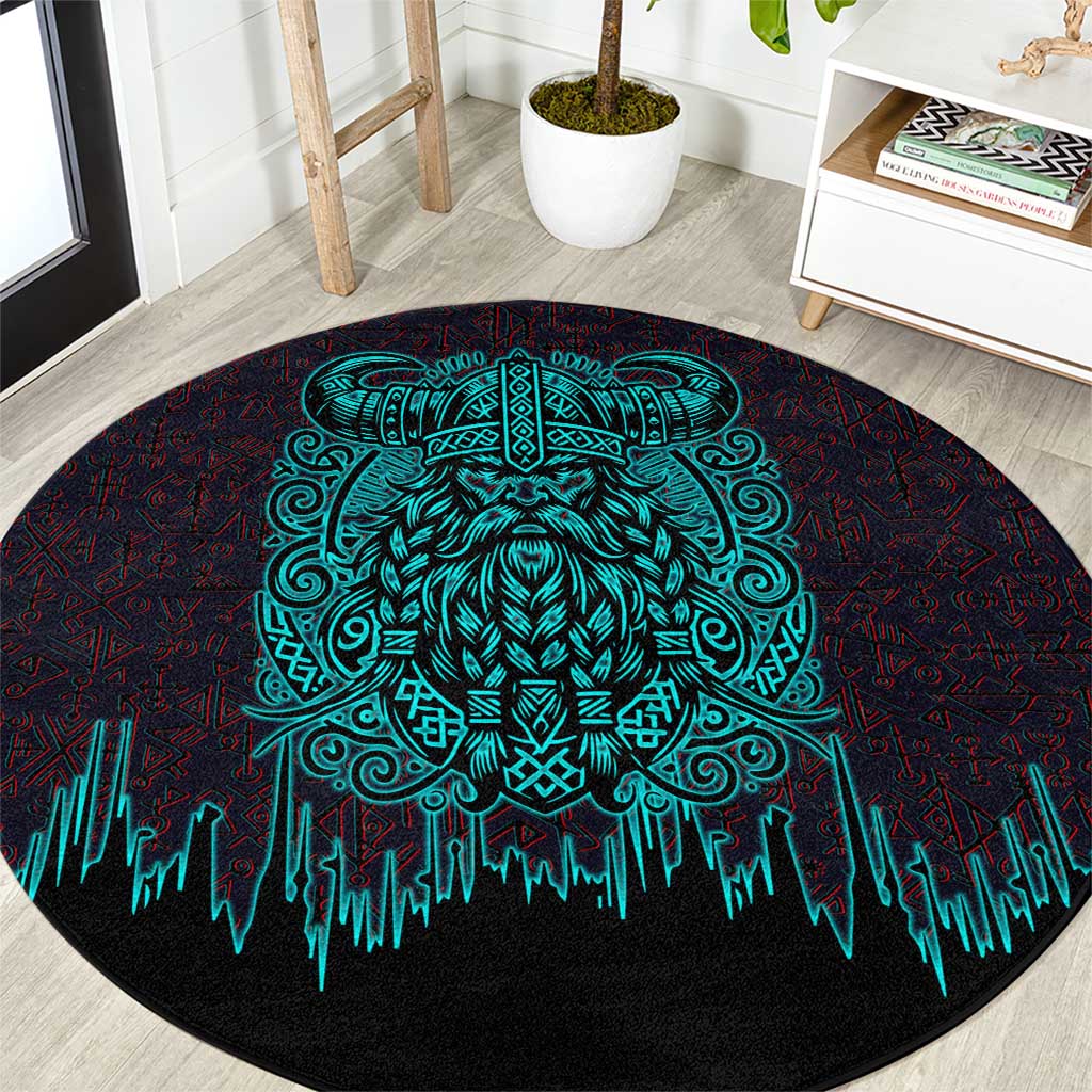 Viking Warrior Helm Round Carpet Neon Tribal Linework and Runic Pattern Art