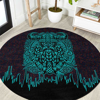 Viking Warrior Helm Round Carpet Neon Tribal Linework and Runic Pattern Art