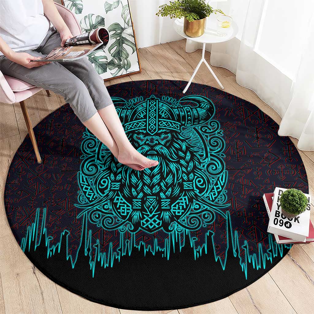Viking Warrior Helm Round Carpet Neon Tribal Linework and Runic Pattern Art