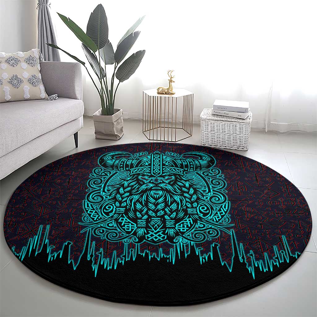 Viking Warrior Helm Round Carpet Neon Tribal Linework and Runic Pattern Art