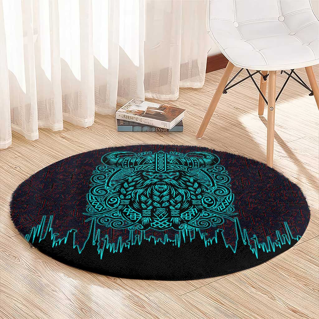 Viking Warrior Helm Round Carpet Neon Tribal Linework and Runic Pattern Art