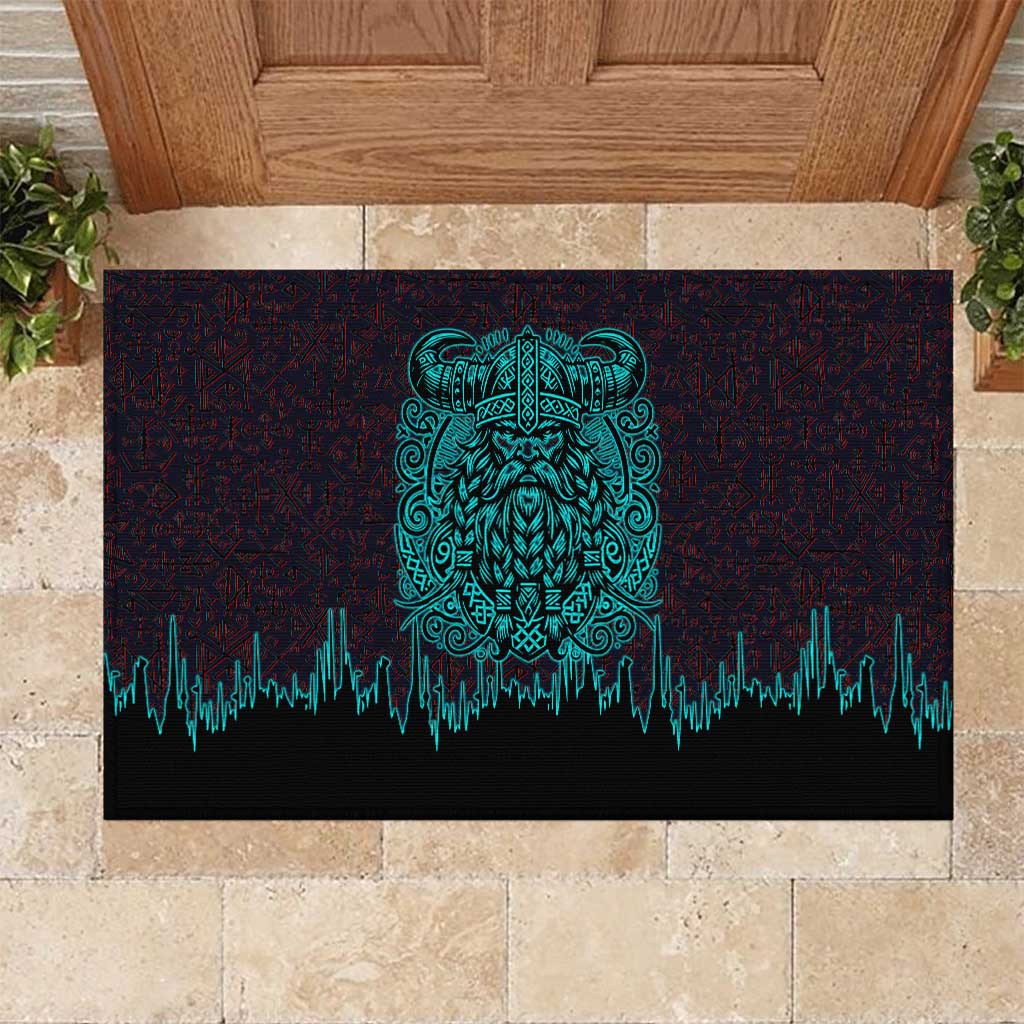 Viking Warrior Helm Rubber Doormat Neon Tribal Linework and Runic Pattern Art
