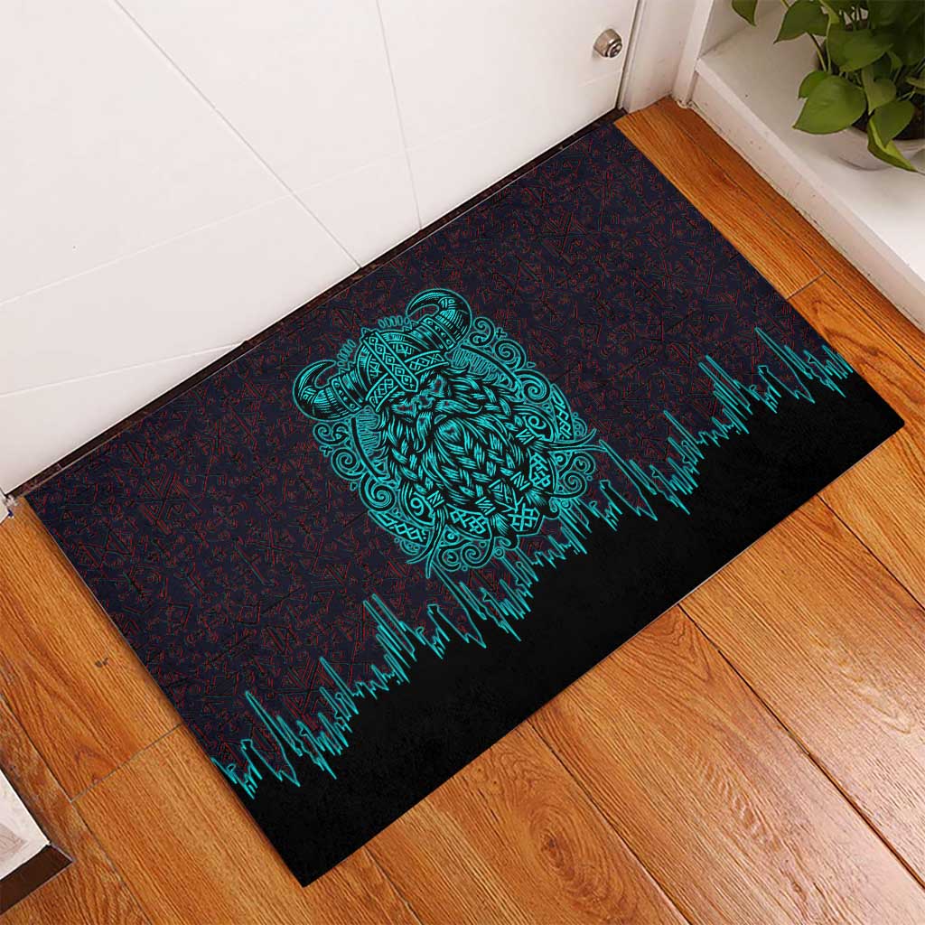 Viking Warrior Helm Rubber Doormat Neon Tribal Linework and Runic Pattern Art