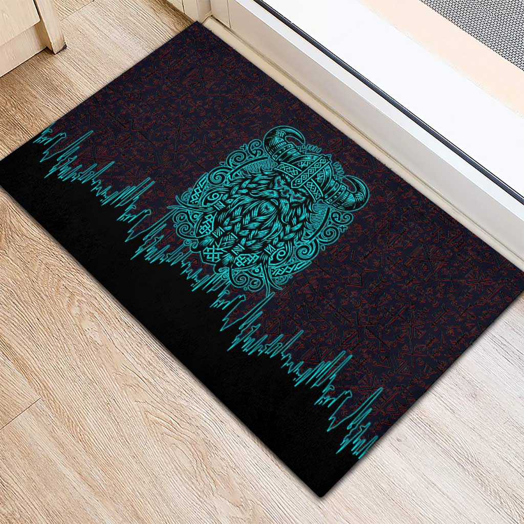 Viking Warrior Helm Rubber Doormat Neon Tribal Linework and Runic Pattern Art