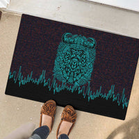 Viking Warrior Helm Rubber Doormat Neon Tribal Linework and Runic Pattern Art