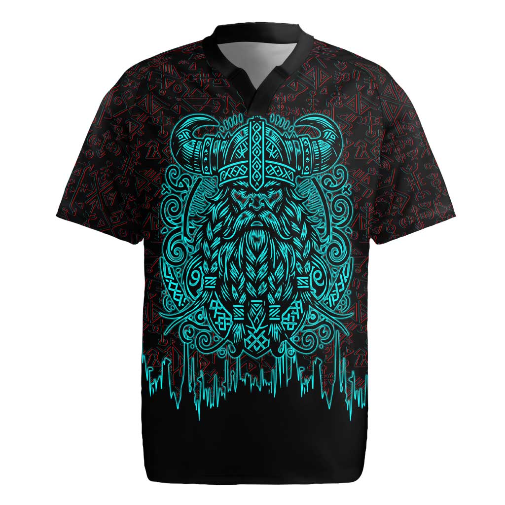 Viking Warrior Helm Rugby Jersey Neon Tribal Linework and Runic Pattern Art