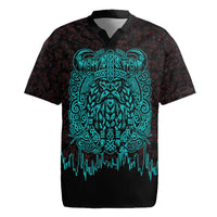 Viking Warrior Helm Rugby Jersey Neon Tribal Linework and Runic Pattern Art