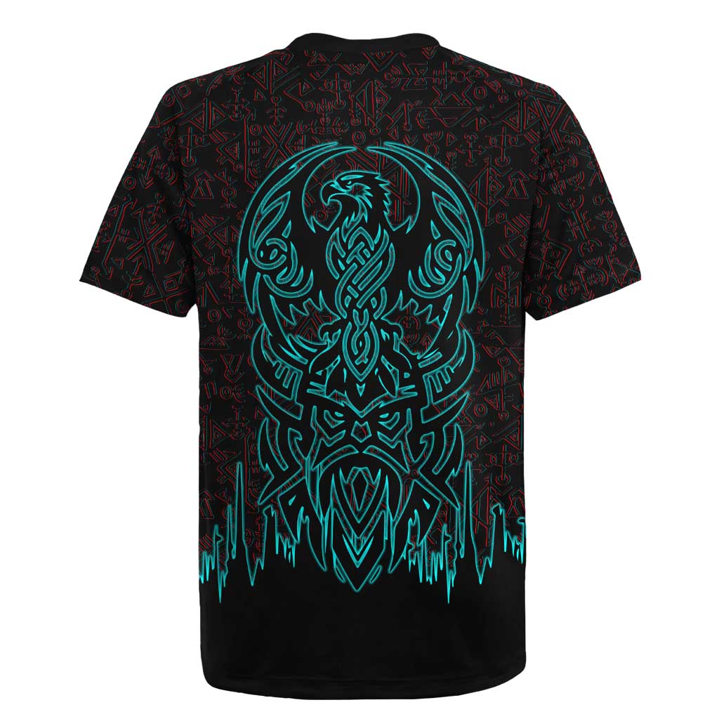 Viking Warrior Helm Rugby Jersey Neon Tribal Linework and Runic Pattern Art