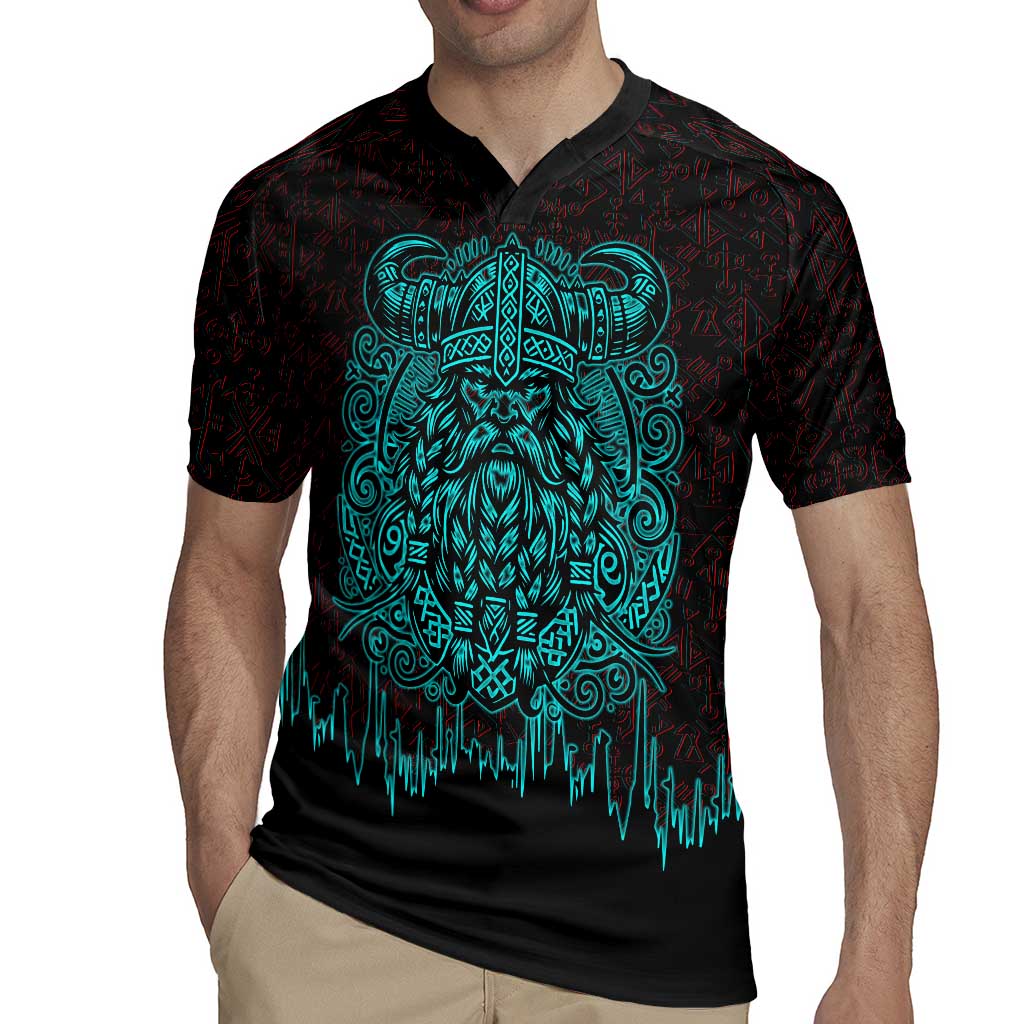 Viking Warrior Helm Rugby Jersey Neon Tribal Linework and Runic Pattern Art
