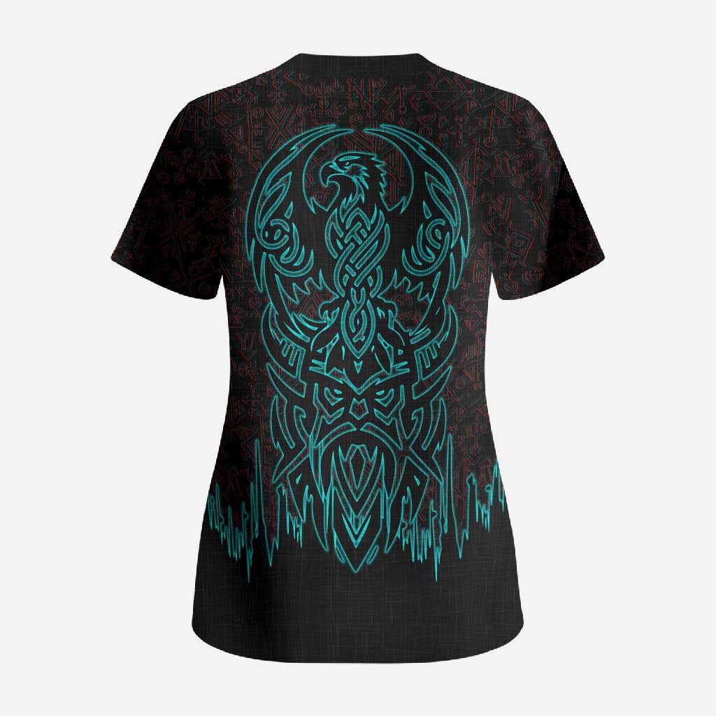 Viking Warrior Helm Scrub Top Neon Tribal Linework and Runic Pattern Art