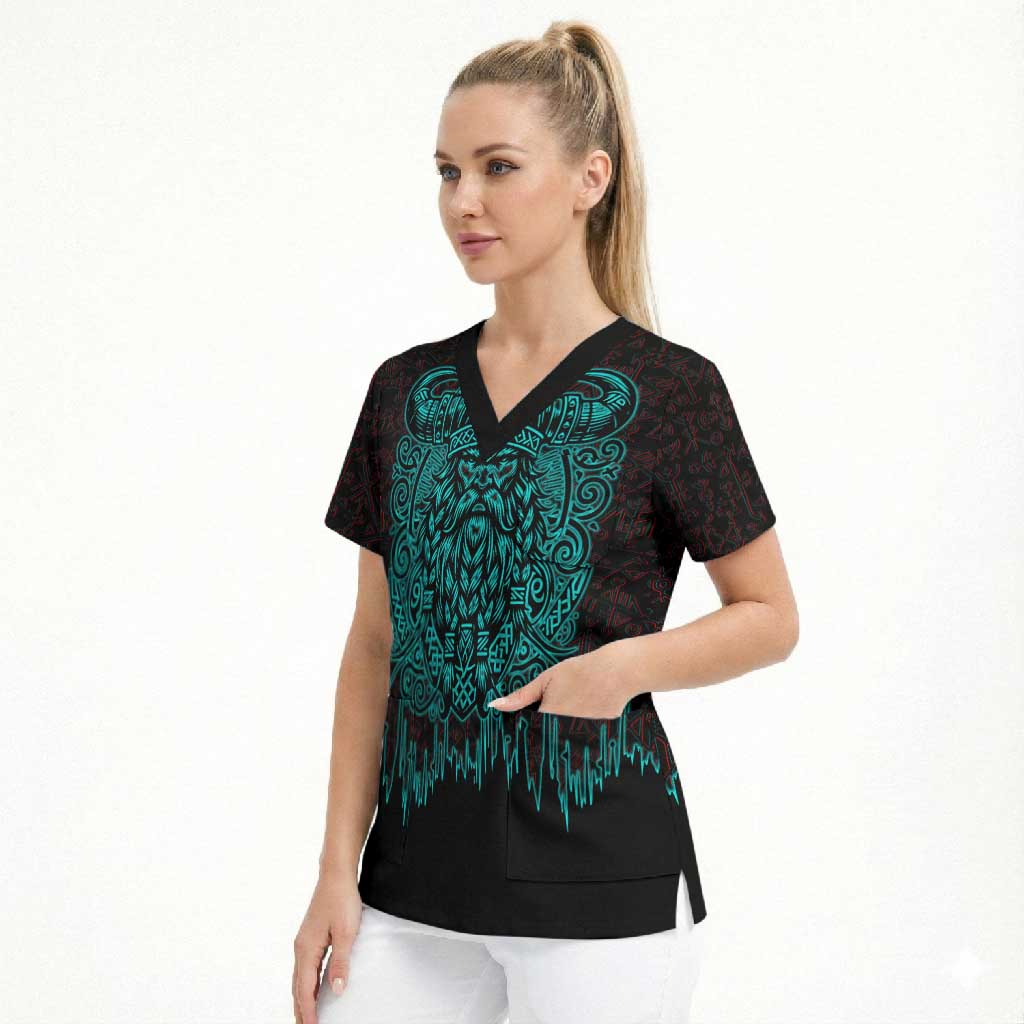 Viking Warrior Helm Scrub Top Neon Tribal Linework and Runic Pattern Art