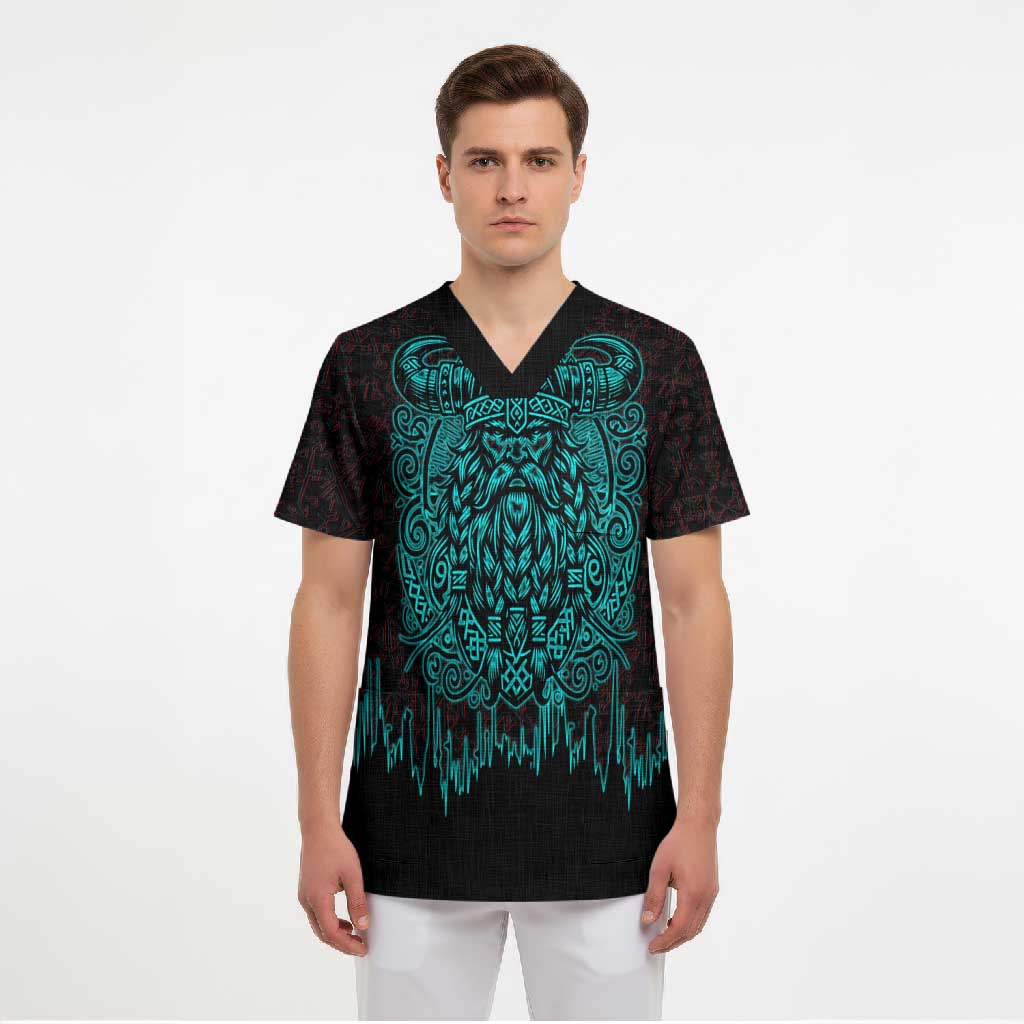 Viking Warrior Helm Scrub Top Neon Tribal Linework and Runic Pattern Art