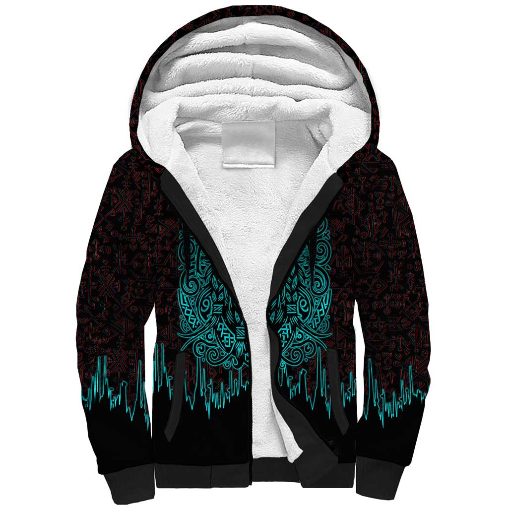 Viking Warrior Helm Sherpa Hoodie Neon Tribal Linework and Runic Pattern Art