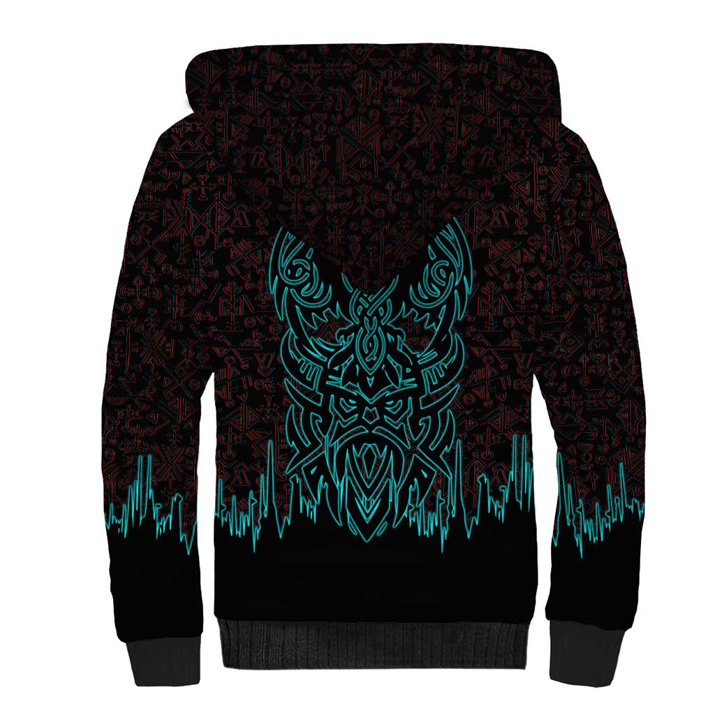 Viking Warrior Helm Sherpa Hoodie Neon Tribal Linework and Runic Pattern Art
